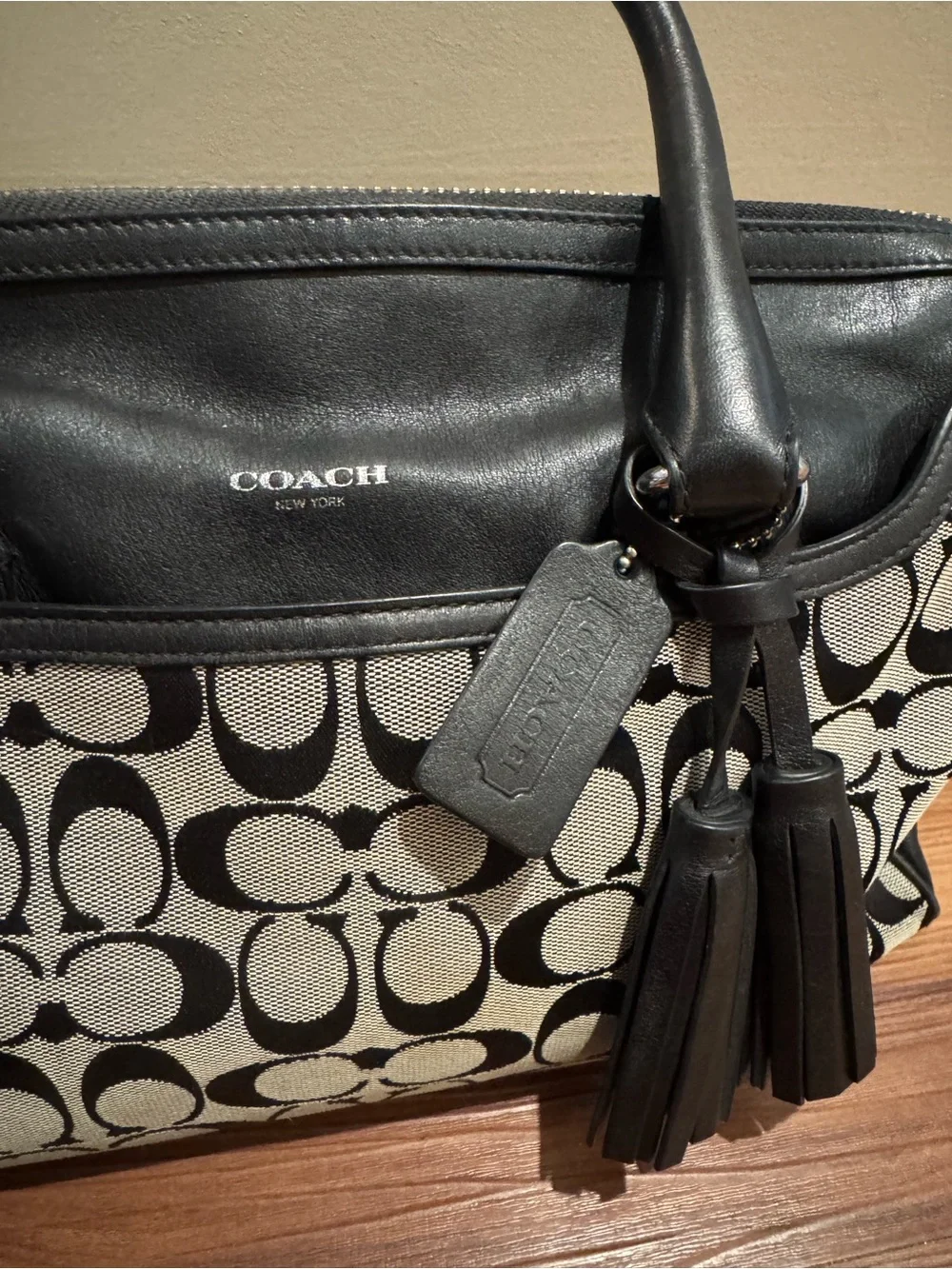 Coach Signature Canvas Satchel in Black and Ivory with Tassel